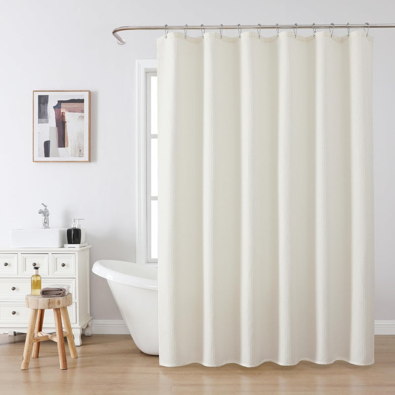 VANZAVANZU Waffle Weave Shower Curtain with Stainless Steel Hooks - 230 GSM Heavy Duty Fabric Bath Curtains, Hotel Luxury Quality, Water Resistant, Machine Washable, Weighted Hem, 72 x 84 Inches (Cream) - Image 2