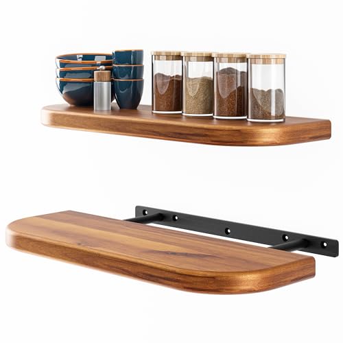 BATODA 17 Acacia Wood Floating Shelves Wall Mounted Round Edge Rustic Farmhouse Wooden Wall Storage Shelf for Bedroom Kitchen Brackets and Shelving Hardware Included Acacia Color