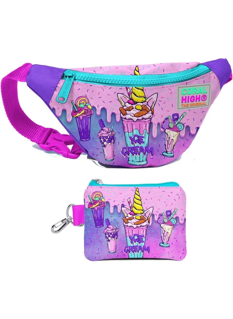 كورال هاي Girl Pink Purple Ice Cream Patterned Waist Bag and Coin Purse Set