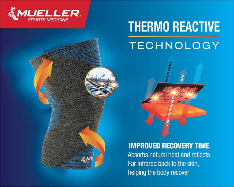 MUELLER Sports Medicine FIR 4-Way Stretch Knee Support, Knee Pain Relief Support for Men and Women, Ideal for Arthritis, Sprains, Gray/Blue, Medium/Large - Image 3
