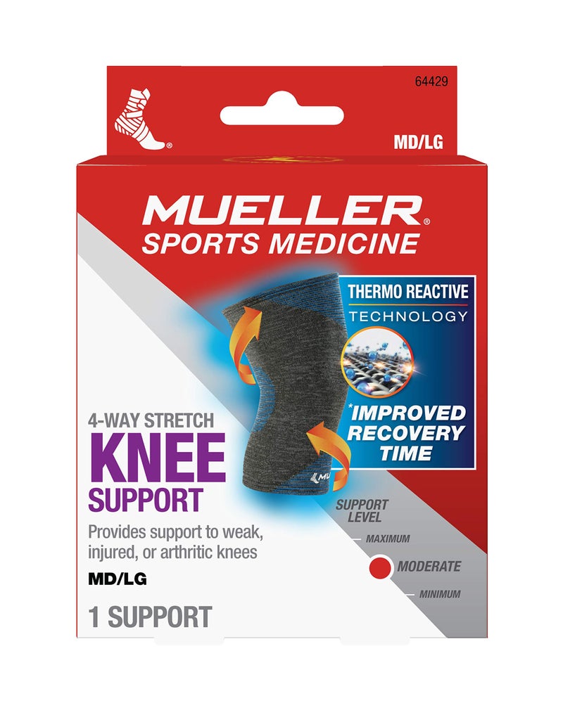 MUELLER Sports Medicine FIR 4-Way Stretch Knee Support, Knee Pain Relief Support for Men and Women, Ideal for Arthritis, Sprains, Gray/Blue, Medium/Large - Image 4