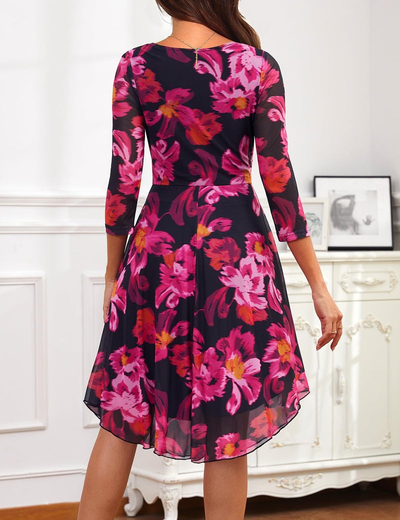 Zattcas Spring Fall Midi Dresses for Women 2026 Wedding Guest Trendy Floral Long 3/4 Sleeve Petite A Line Flowy Mesh Flower Tea Party Cocktail HOCO Homecoming Dresses Black Rose Red M - Image 3