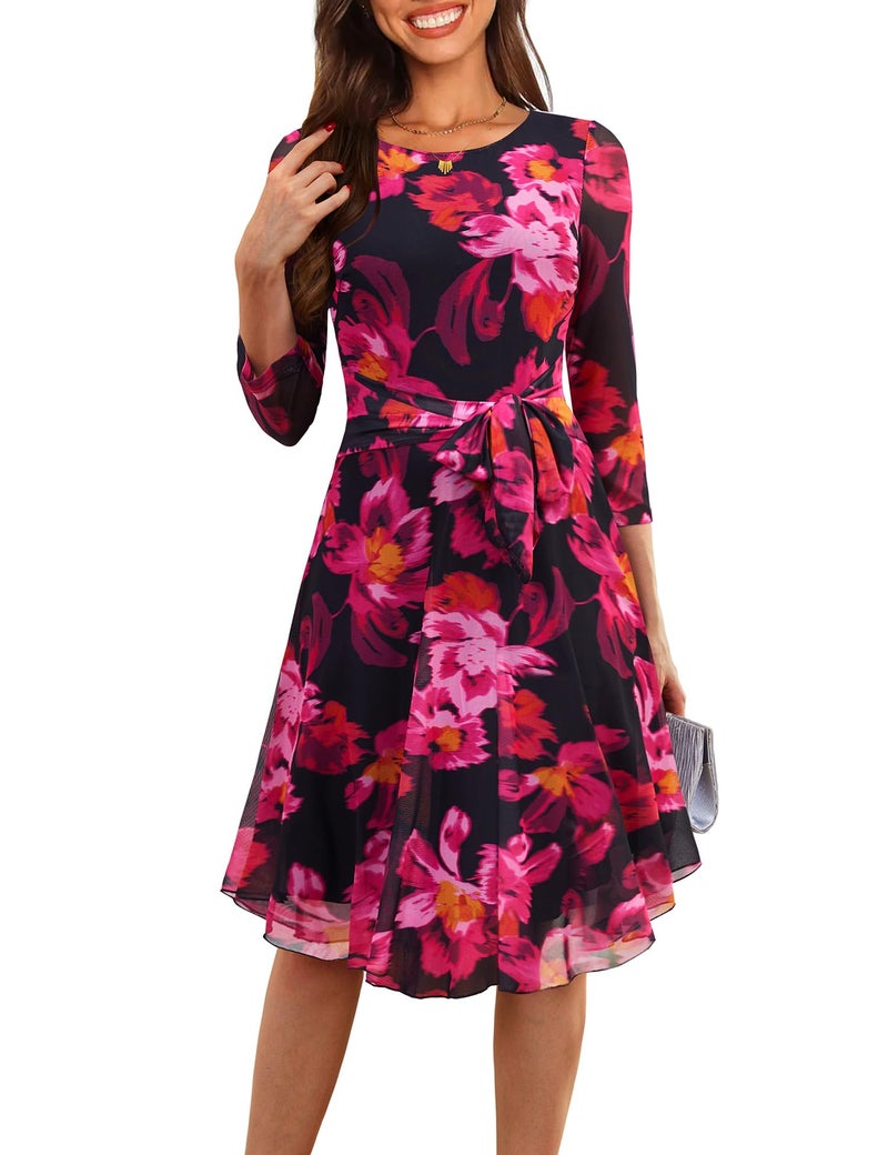 Zattcas Spring Fall Midi Dresses for Women 2026 Wedding Guest Trendy Floral Long 3/4 Sleeve Petite A Line Flowy Mesh Flower Tea Party Cocktail HOCO Homecoming Dresses Black Rose Red M - Image 1