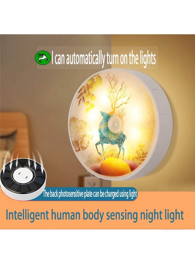 yalilai Intelligent human body sensing night light, USB charging+solar charging, suitable for various scenarios such as bedrooms, cabinets, bathrooms, stairs, etc. (warm light) - Image 1