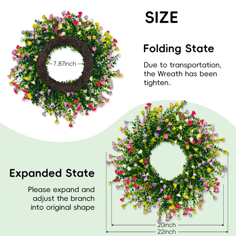 Julako Spring Wreaths for Front Door, 22 Inch Farmhouse Colorful Cottage Wreath, 252 Silk Artificial Carnation Floral with Plastic Greenery Green Leaves Hanging for Porch, Home Summer Decorations - Image 3