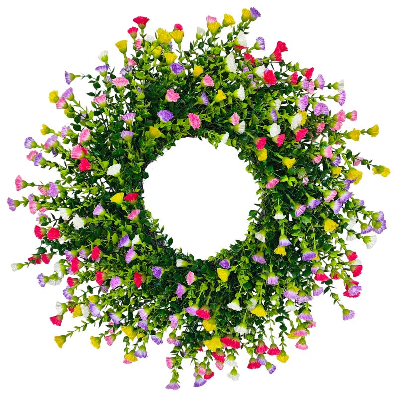 Julako Spring Wreaths for Front Door, 22 Inch Farmhouse Colorful Cottage Wreath, 252 Silk Artificial Carnation Floral with Plastic Greenery Green Leaves Hanging for Porch, Home Summer Decorations - Image 1