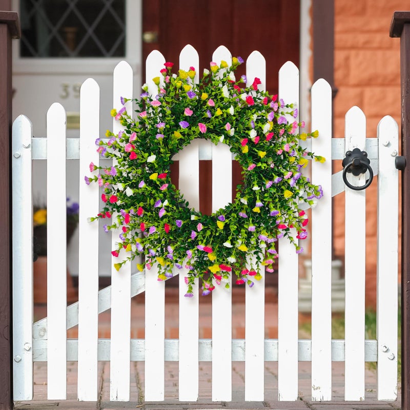 Julako Spring Wreaths for Front Door, 22 Inch Farmhouse Colorful Cottage Wreath, 252 Silk Artificial Carnation Floral with Plastic Greenery Green Leaves Hanging for Porch, Home Summer Decorations - Image 2