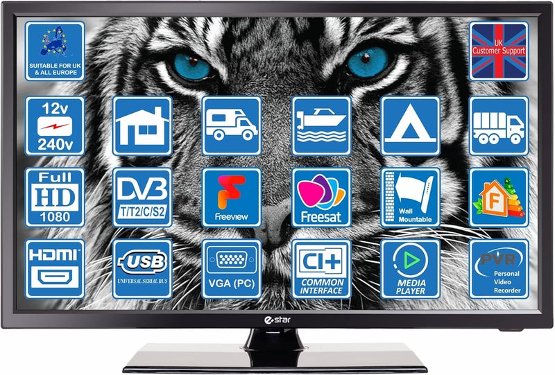 22 Inch 12 Volt LED Digital Full HD 1080p TV DVB-T2 /C/S2 Freeview, Freesat or Cable TV. 12V 240V USB PVR & Media Player, VGA & HDMI, PC Monitor, Motorhome, Caravan, Boat, Kitchen (TV) - Image 1