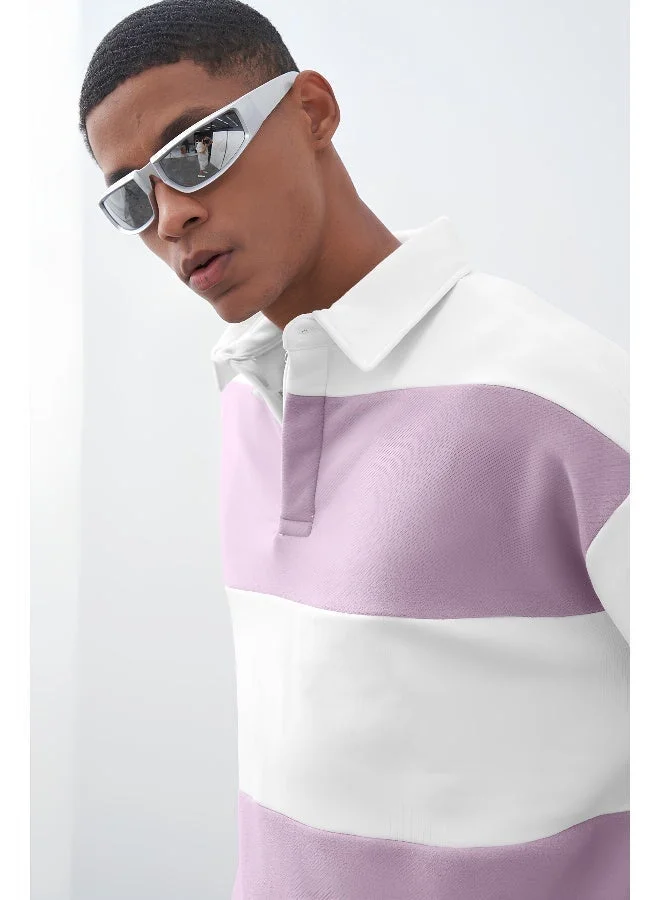 Maniac Maniac Mens Polo Neck FullSleeve White and Lavender Cotton Oversized T-Shirt
