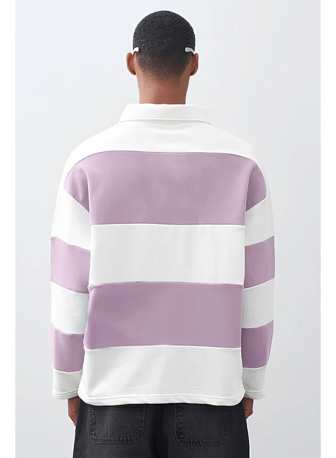Maniac  Maniac Mens polo neck fullsleeve white and lavender cotton oversized t-shirt for Men | Best Price UAE