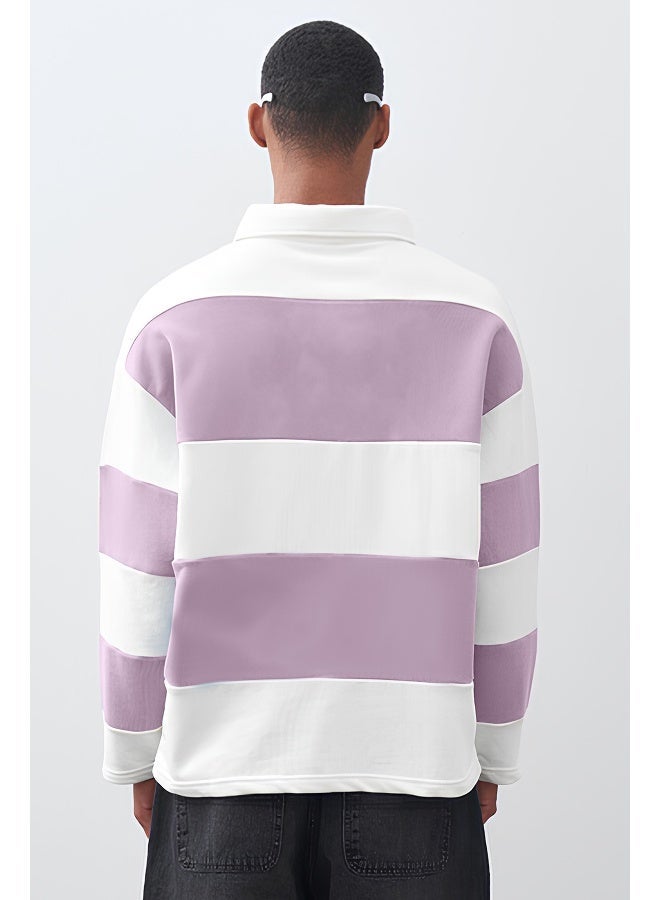 Maniac Mens polo neck fullsleeve white and lavender cotton oversized t-shirt - Image 3