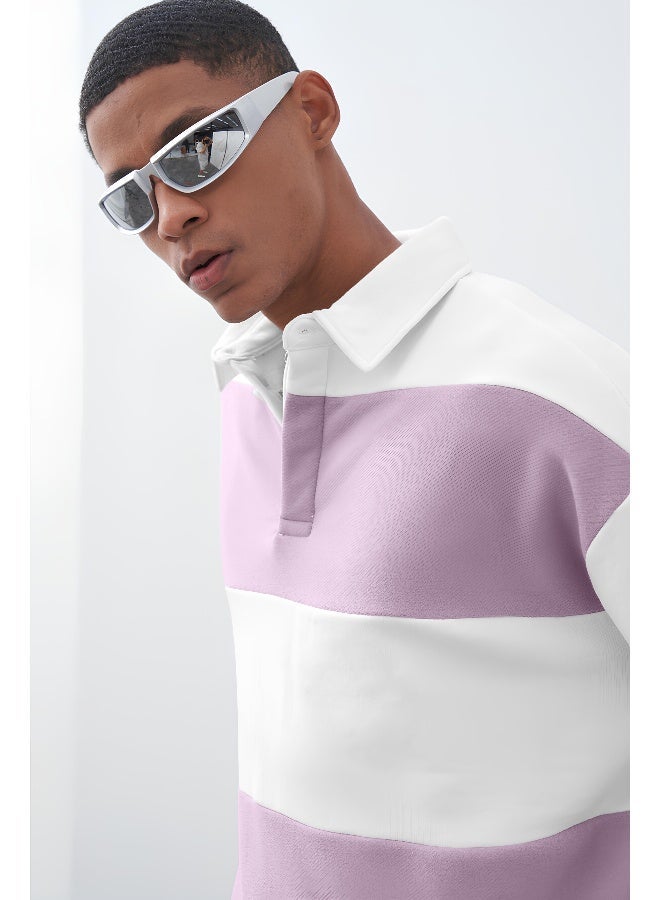 Maniac Mens polo neck fullsleeve white and lavender cotton oversized t-shirt - Image 2