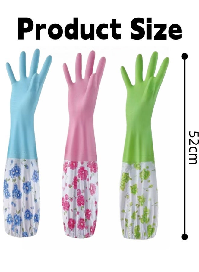 3 Pairs Rubber Cleaning Gloves, Long Cuff Glove with Cotton Flocked,Kitchen Household Glove,Reusable Dishwashing Gloves For Laundry, Cleaning, Working, Gardening - Image 2