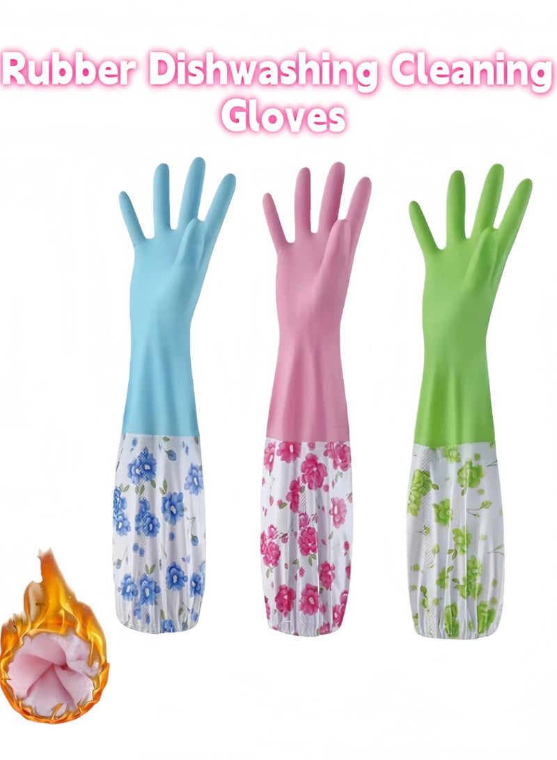 3 Pairs Rubber Cleaning Gloves, Long Cuff Glove with Cotton Flocked,Kitchen Household Glove,Reusable Dishwashing Gloves For Laundry, Cleaning, Working, Gardening - Image 1