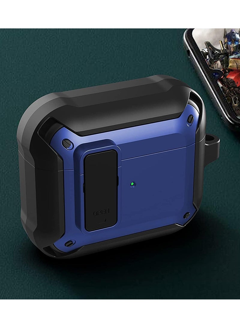 Airpods Pro Case Cover, [Secure Lock] ELMO3EZZ Armor Full-Body Rugged AirPod Pro Protective Case Men with Carabiner, Cool Air pods Pro Shockproof Shell Case for Apple Airpods Pro 2019 - Black/Blue