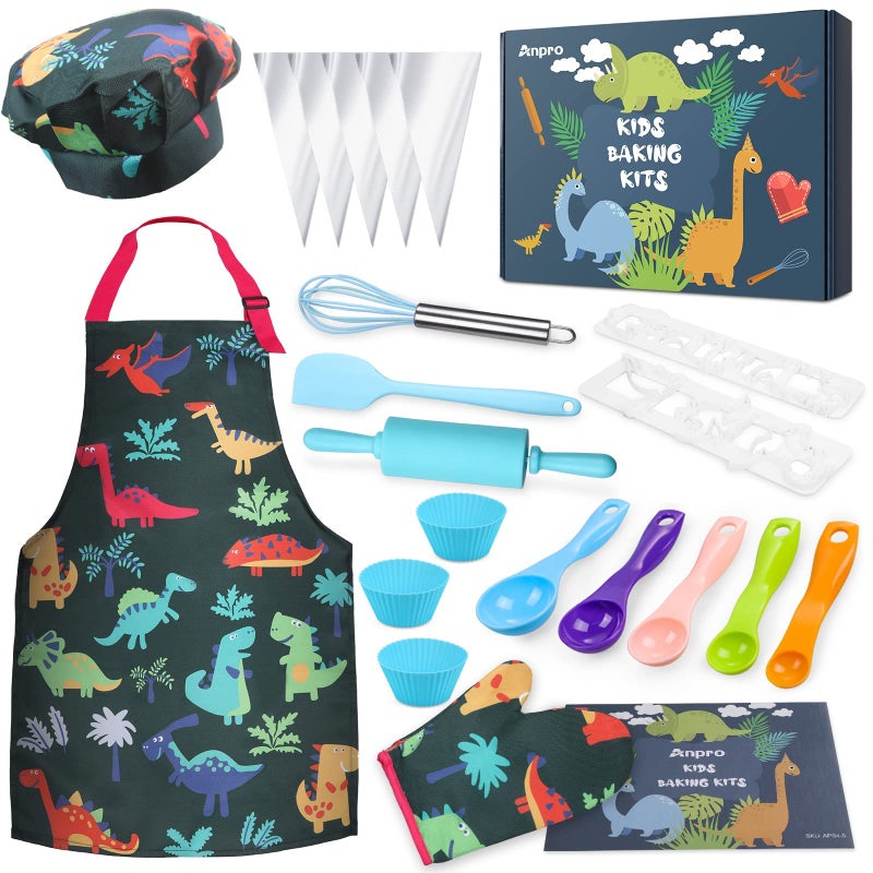 Anpro Complete Kids Cooking and Baking Set - 27 Pcs Includes Aprons for Girls, Chef Hat, Mitt & Utensil to Dress Up Chef Costume Career Role Play for 3-7 Years Boys - Image 1