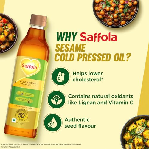 Saffola Cold Pressed Sesame Oil | 100% Cold Pressed Sesame Seed Oil | Unrefined, 0 trans fat, Chemical free | Helps Lower Cholesterol, Goodness of Omega 6 & Authentic Seed Flavour | 1L Pet Bottle - Image 4