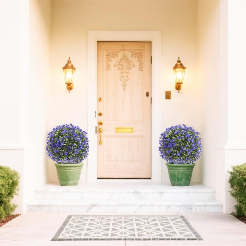 Ceder Set of 2 Artificial Boxwood Topiary Ball Trees with Purple Flowers for Outdoor with Ground Spike 29.5", UV Resistant Faux Greenery Shrubs, Fake Plants for Garden, Porch, Patio Valentine's Day Decor - Image 2