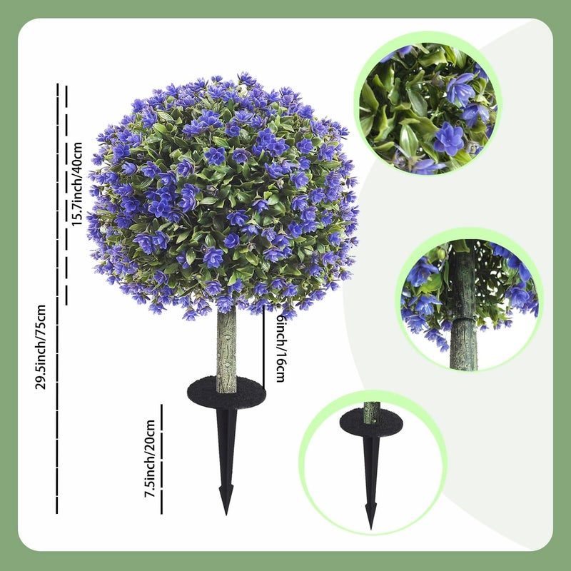 Ceder Set of 2 Artificial Boxwood Topiary Ball Trees with Purple Flowers for Outdoor with Ground Spike 29.5", UV Resistant Faux Greenery Shrubs, Fake Plants for Garden, Porch, Patio Valentine's Day Decor - Image 5