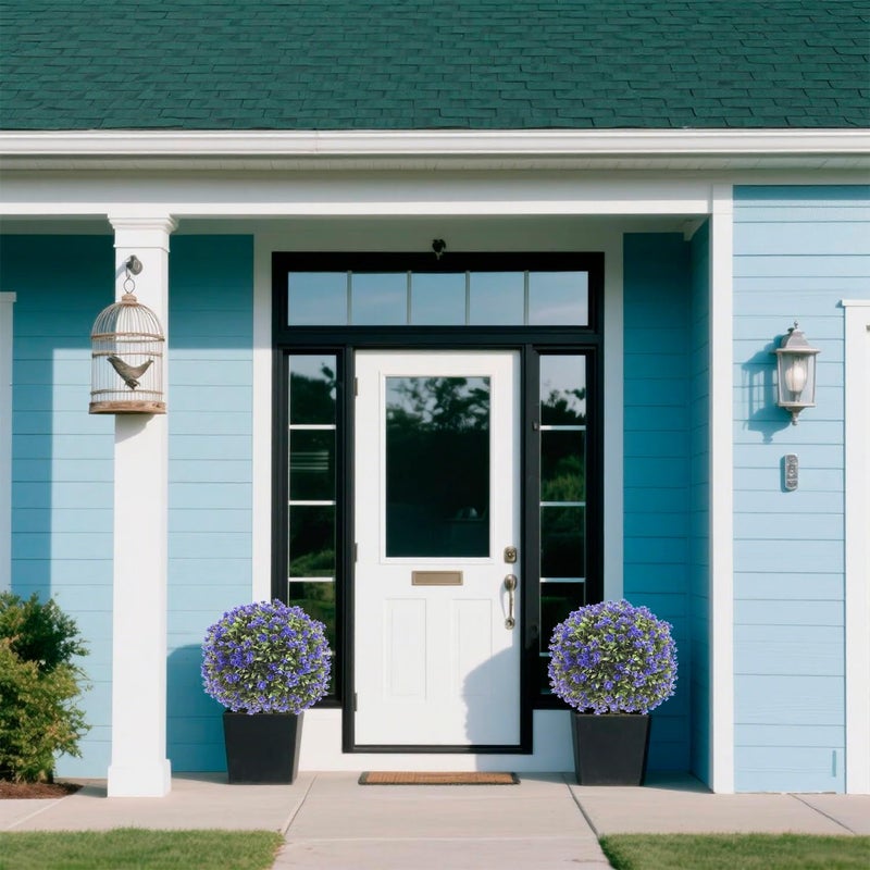 Ceder Set of 2 Artificial Boxwood Topiary Ball Trees with Purple Flowers for Outdoor with Ground Spike 29.5", UV Resistant Faux Greenery Shrubs, Fake Plants for Garden, Porch, Patio Valentine's Day Decor - Image 3