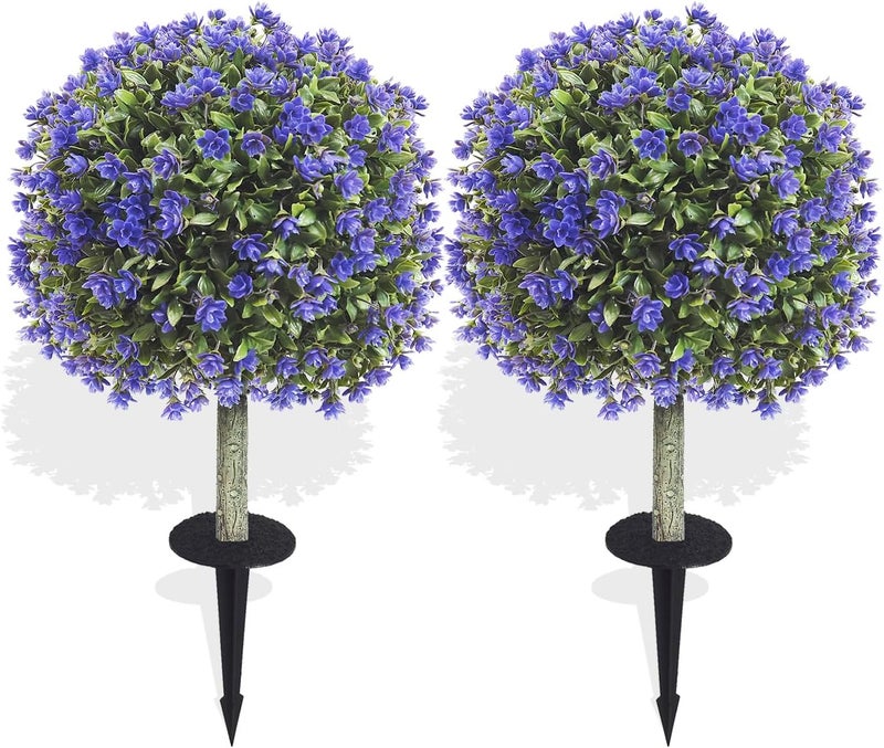 Ceder Set of 2 Artificial Boxwood Topiary Ball Trees with Purple Flowers for Outdoor with Ground Spike 29.5", UV Resistant Faux Greenery Shrubs, Fake Plants for Garden, Porch, Patio Valentine's Day Decor - Image 1