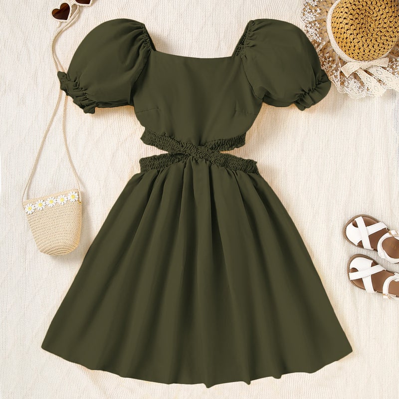 Girls' Small Skirt Tight Waist Puff Sleeve Dress 2025 Children'S Wear Slimming Hepburn Retro Small Black Skirt - Image 1