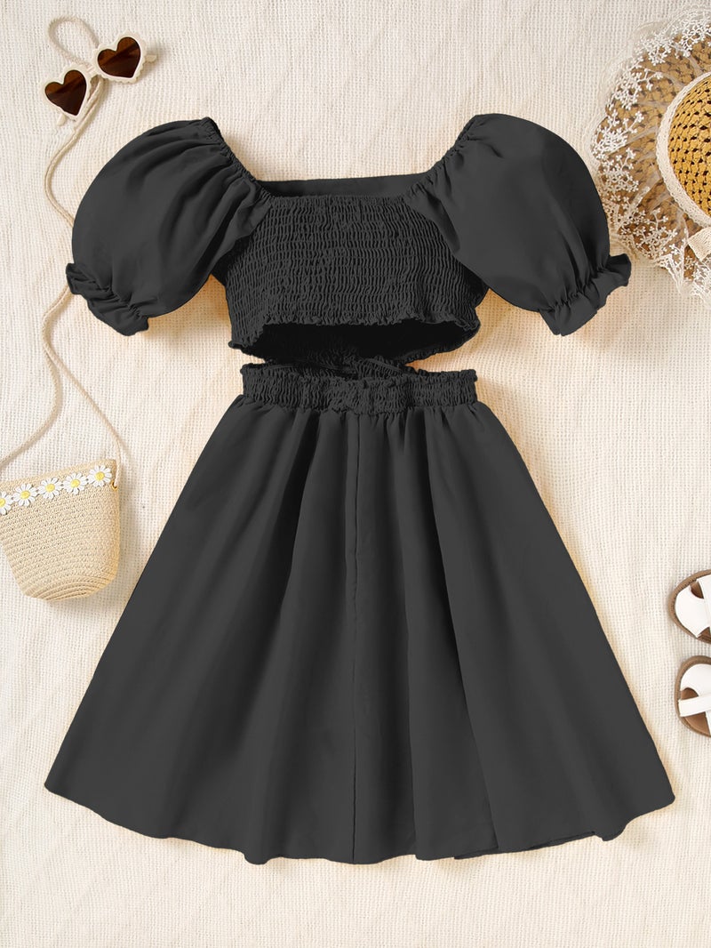 Girls' Small Skirt Tight Waist Puff Sleeve Dress 2025 Children'S Wear Slimming Hepburn Retro Small Black Skirt - Image 3