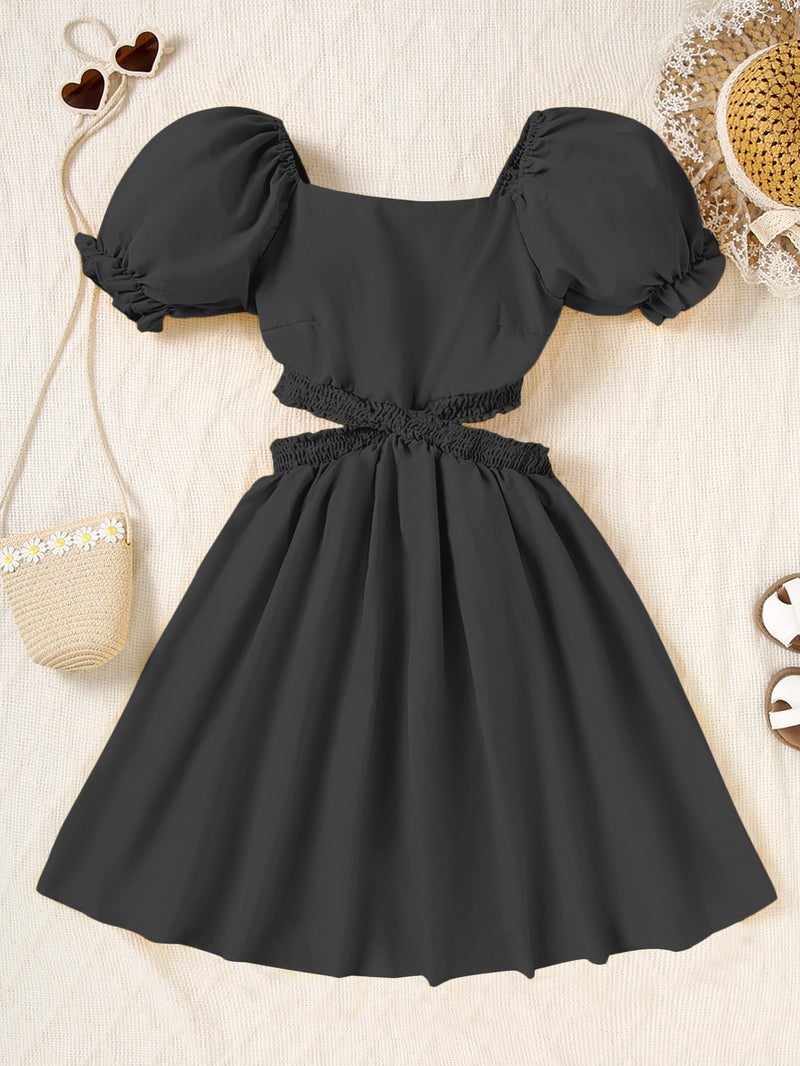Girls' Small Skirt Tight Waist Puff Sleeve Dress 2025 Children'S Wear Slimming Hepburn Retro Small Black Skirt - Image 2