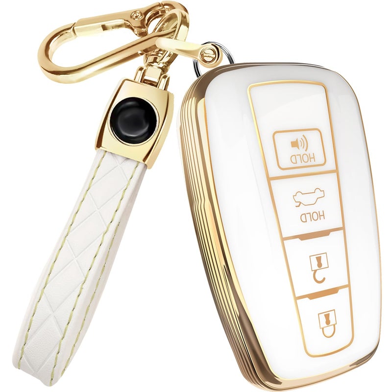 Lucrum Compatible with Toyota Key Fob Cover Leather Keychain Keyfob Case for Avalon Camry Corolla Prius RAV4 Highlander CHR For 4 Button Remote 20192024 White and Gold - Image 3