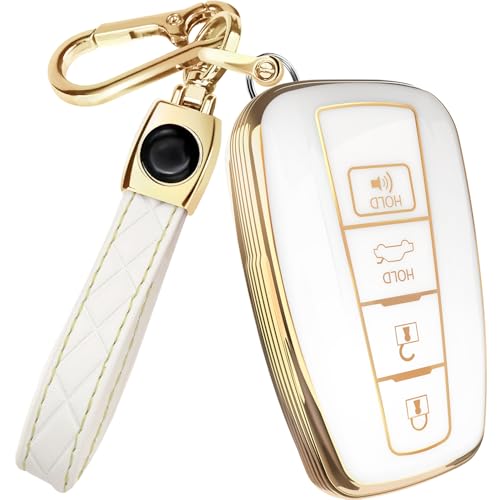 Lucrum Compatible with Toyota Key Fob Cover Leather Keychain Keyfob Case for Avalon Camry Corolla Prius RAV4 Highlander CHR For 4 Button Remote 20192024 White and Gold - Image 1