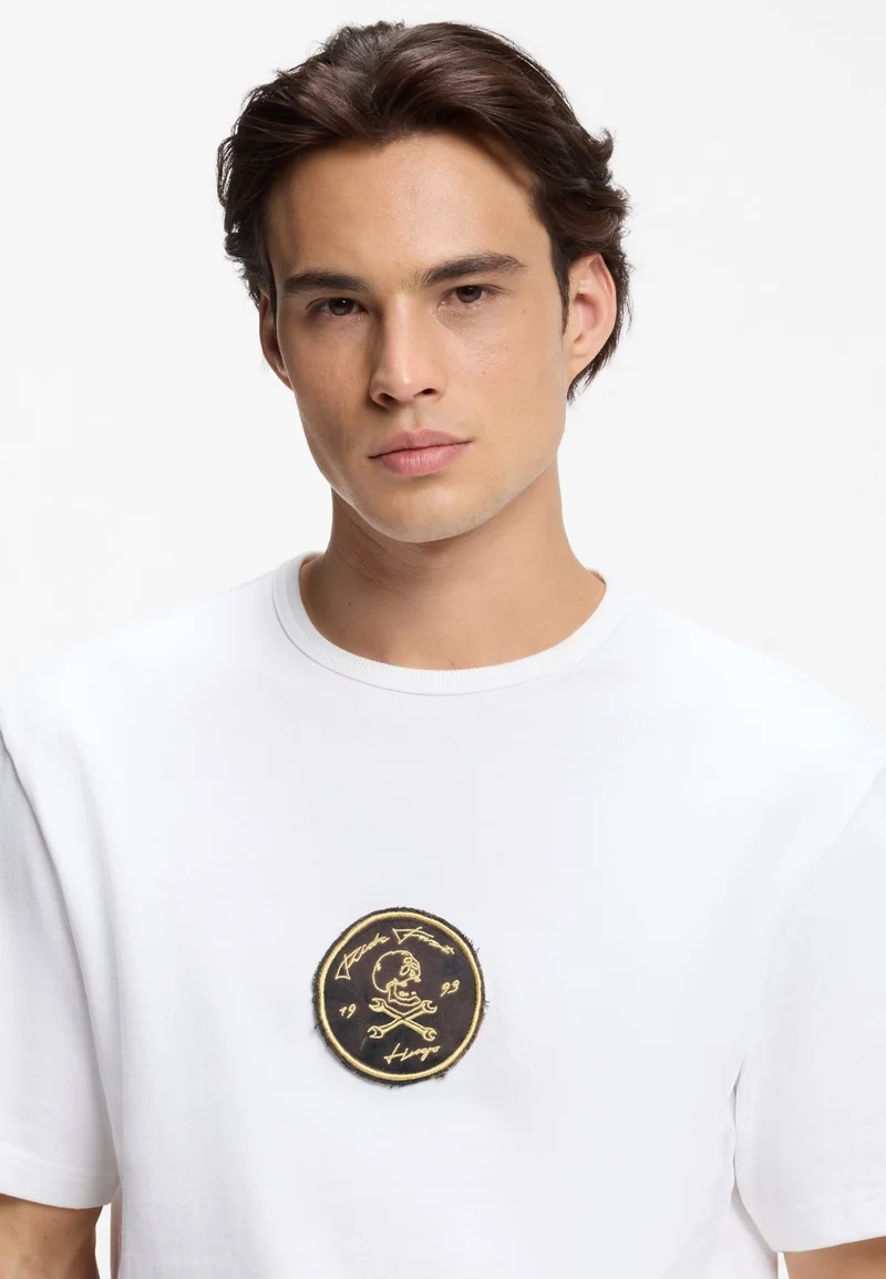 HUGO White Cotton-jersey T-shirt with embroidered badge for Men | Best Price UAE