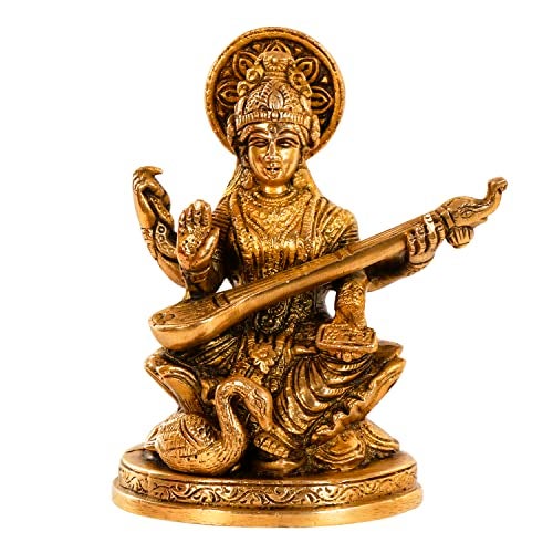 ARTVARKO Astadhatu Made Maa Saraswati Idol Sitting on Hans | Brass Devi Saraswati Siddhi Idol for Puja Sucess and Home Decor 5 Inch - Image 2