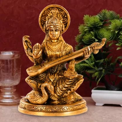 ARTVARKO Astadhatu Made Maa Saraswati Idol Sitting on Hans | Brass Devi Saraswati Siddhi Idol for Puja Sucess and Home Decor 5 Inch - Image 1