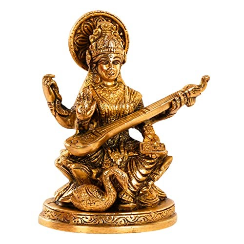 ARTVARKO Astadhatu Made Maa Saraswati Idol Sitting on Hans | Brass Devi Saraswati Siddhi Idol for Puja Sucess and Home Decor 5 Inch - Image 3