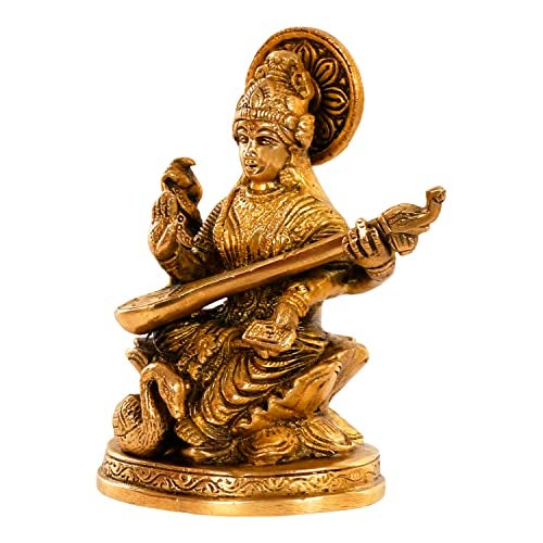 ARTVARKO Astadhatu Made Maa Saraswati Idol Sitting on Hans | Brass Devi Saraswati Siddhi Idol for Puja Sucess and Home Decor 5 Inch - Image 4