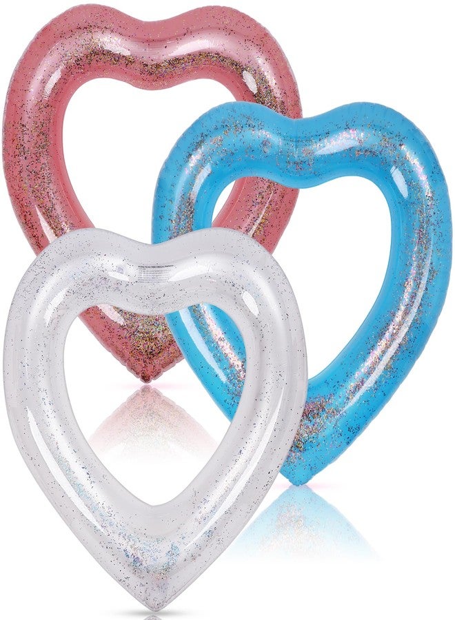 Mkhaslri 3 Pieces Inflatable Heart Pool Float, 47.3 x 39.4 Inch Glitter Inflatable Swim Rings Bachelorette Party Pool Float Tube, Heart Shaped Summer Swimming Ring, Water Beach Party for Adults - Image 1