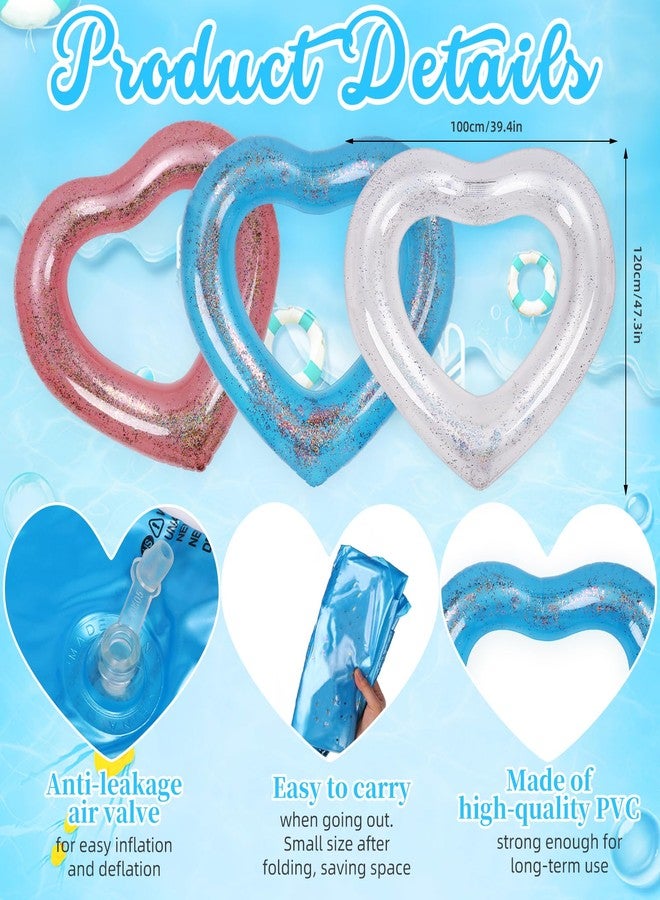 Mkhaslri 3 Pieces Inflatable Heart Pool Float, 47.3 x 39.4 Inch Glitter Inflatable Swim Rings Bachelorette Party Pool Float Tube, Heart Shaped Summer Swimming Ring, Water Beach Party for Adults - Image 2