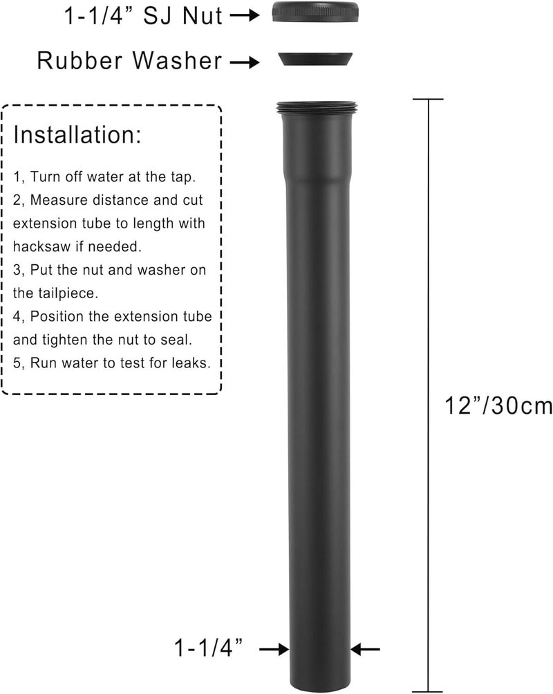 Fipoque Brass Slip Joint Extension Tube 1-1/4” OD x 12” with Nut and Rubber Washer, P Trap Extension Tube, Sink Drain Tailpiece Tube Extension, Matte Black - Image 4