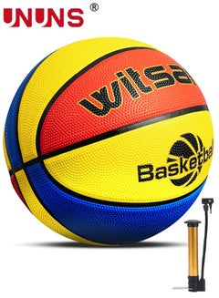 UNUNS Basketball,Standard Size 5/27.5'' Basketball,Composite Leather Street Basketball,Match Training Sports Ball,Indoor Outdoor Game Match Basketball With Pump For Kids Students-Red Yellow Blue  - Image 1