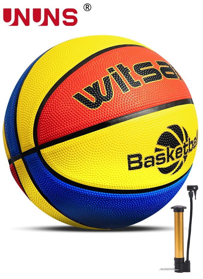 UNUNS Basketball,Standard Size 5/27.5'' Basketball,Composite Leather Street Basketball,Match Training Sports Ball,Indoor Outdoor Game Match Basketball With Pump For Kids Students-Red Yellow Blue  - Image 1