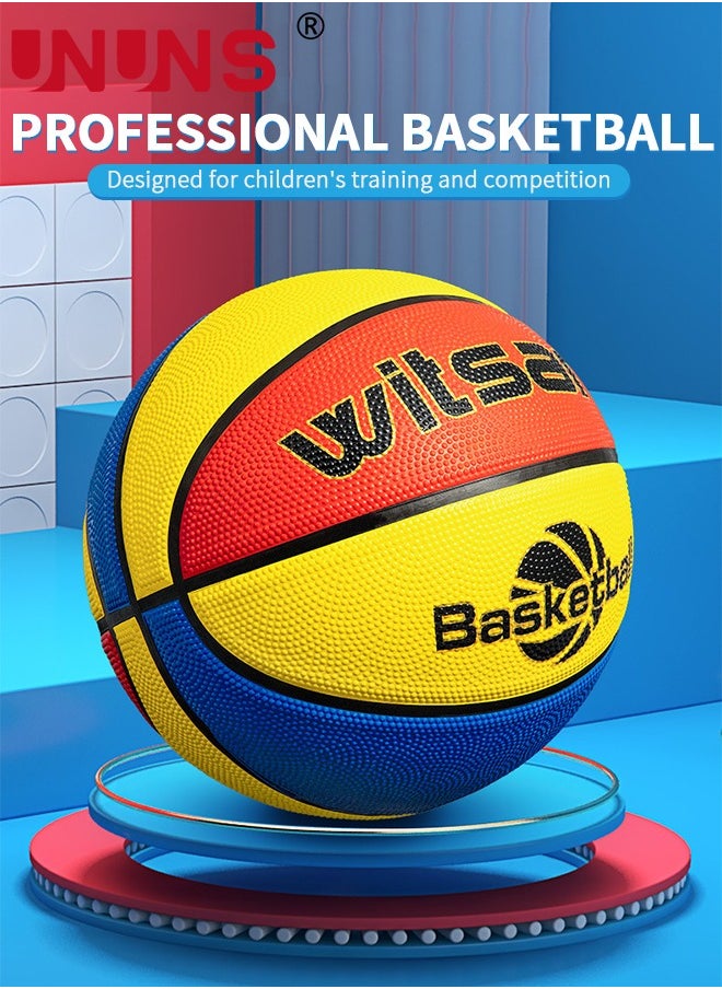 UNUNS Basketball,Standard Size 5/27.5'' Basketball,Composite Leather Street Basketball,Match Training Sports Ball,Indoor Outdoor Game Match Basketball With Pump For Kids Students-Red Yellow Blue  - Image 2