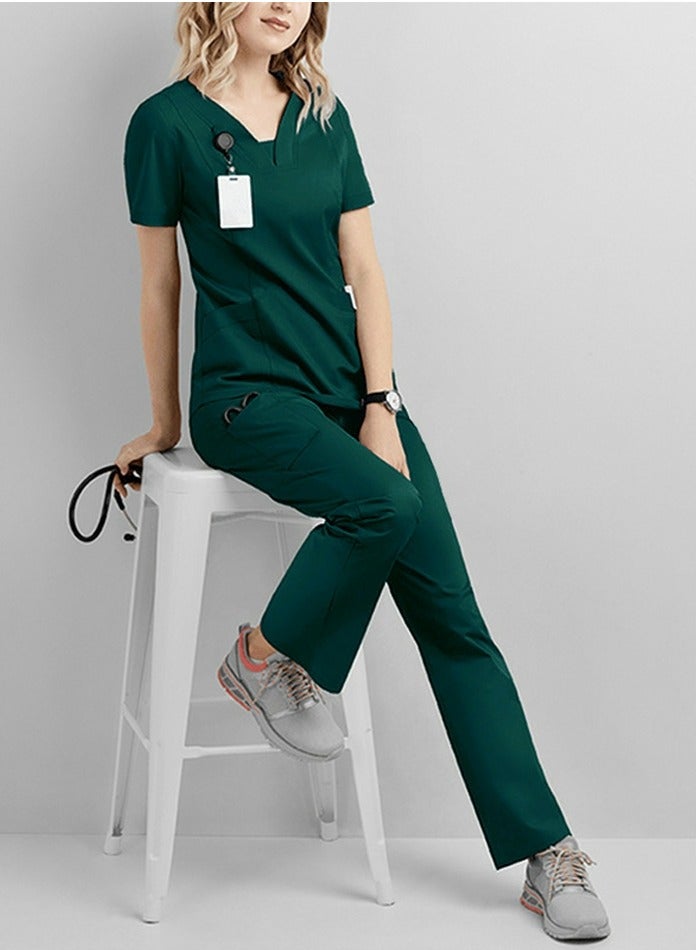 Loquat Solid Color Medical Uniform Scrubs 2 Piece Set V-Neck Top and Loose Pants  Set Dark Green