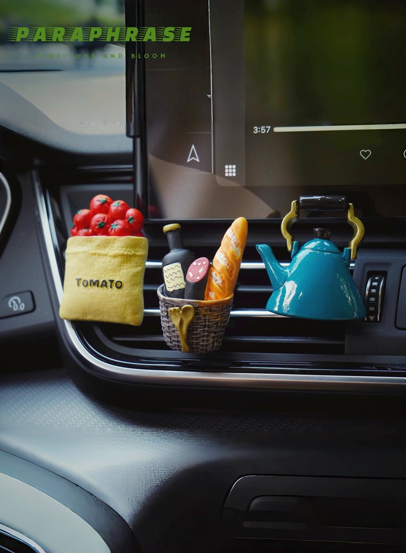 Paraphrase 3-Piece Car Air Vent Diffuser Clip Set, Cute Resin Kitchen Themed Air Freshener with Scented Cotton Pads, Tomato Bag, Baguette Basket and Teapot Design, Accessory for Car Interior Decoration - Image 1