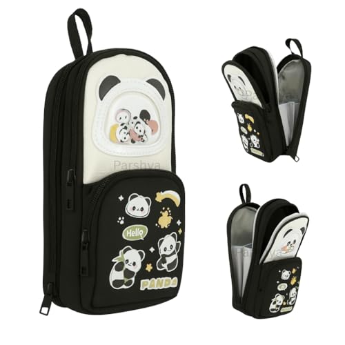 Parshya Cute Pencil Pouch for Kids | Large Capacity Pencil Case for School & Tuition | Multi-Compartment Stationery Organizer with Mesh Pocket & Smooth Zippers | Black - Image 2