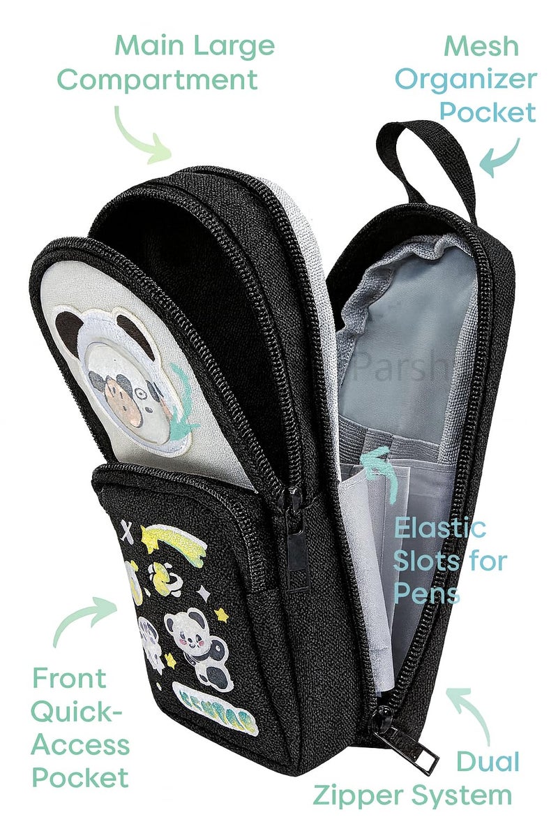 Parshya Cute Pencil Pouch for Kids | Large Capacity Pencil Case for School & Tuition | Multi-Compartment Stationery Organizer with Mesh Pocket & Smooth Zippers | Black - Image 4