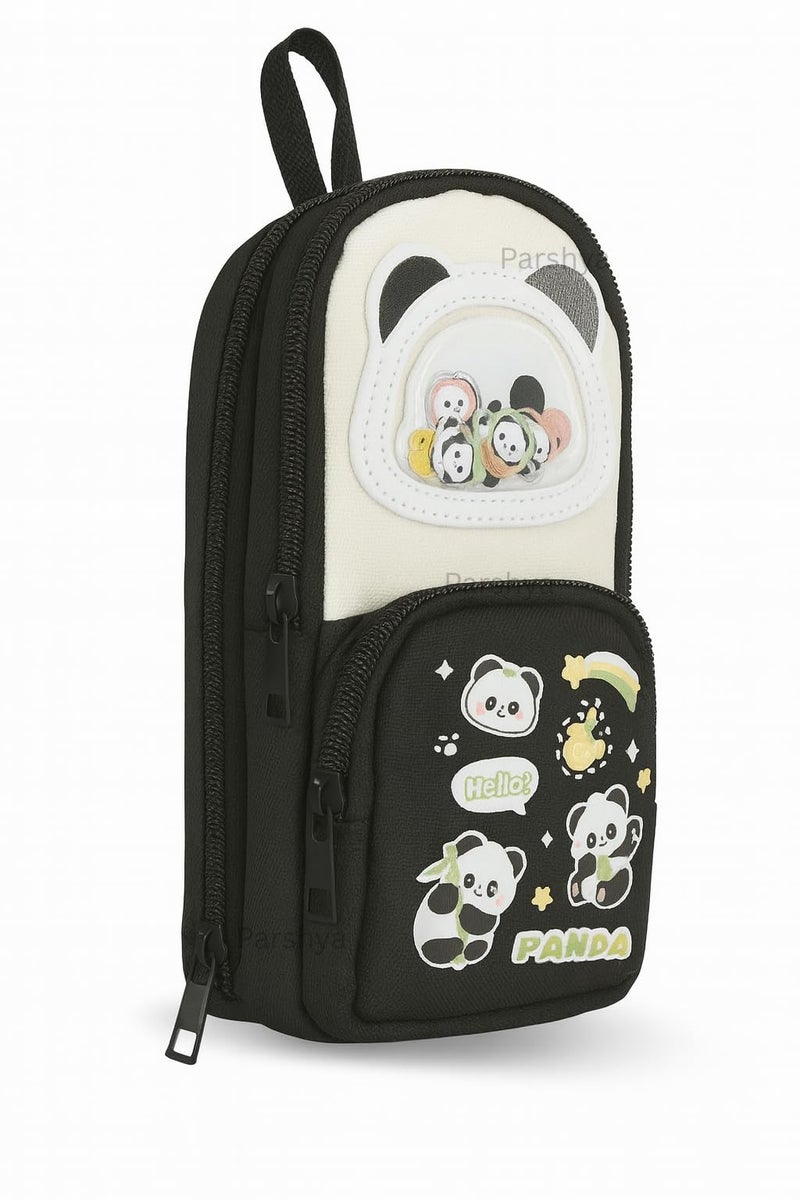 Parshya Cute Pencil Pouch for Kids | Large Capacity Pencil Case for School & Tuition | Multi-Compartment Stationery Organizer with Mesh Pocket & Smooth Zippers | Black - Image 1