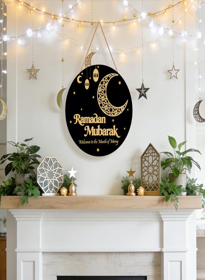 SNILOAW Ramadan Decoration Wooden Ramadan Mubarak Wreath for Front Door Sign Eid Mubarak Wreath Hanging for Islamic Home Wall Decor Eid Decorations - Image 5