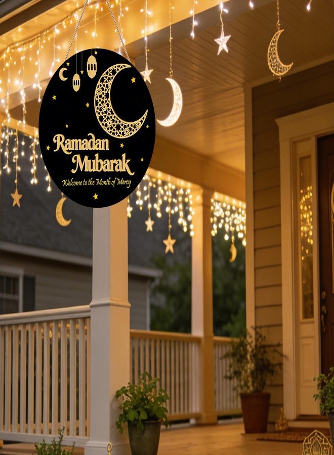SNILOAW Ramadan Decoration Wooden Ramadan Mubarak Wreath for Front Door Sign Eid Mubarak Wreath Hanging for Islamic Home Wall Decor Eid Decorations - Image 3