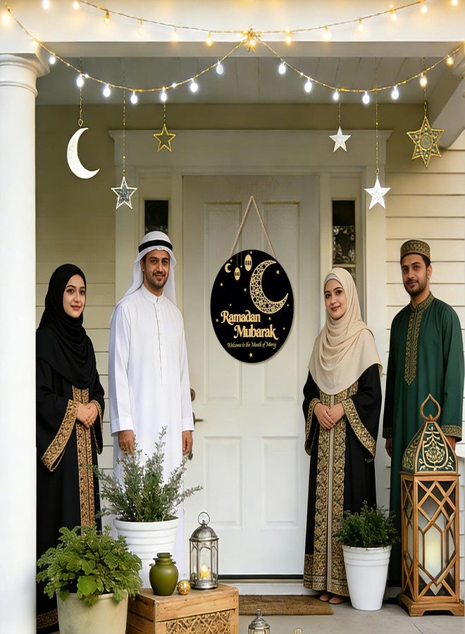 SNILOAW Ramadan Decoration Wooden Ramadan Mubarak Wreath for Front Door Sign Eid Mubarak Wreath Hanging for Islamic Home Wall Decor Eid Decorations - Image 4