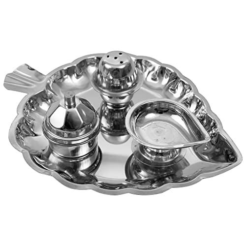 Spillbox Traditional Handcrafted Stainless Steel Thali kumkum Plate for Pooja/Worship-Bowl-Dhoop-Diya(Silver) - Image 1